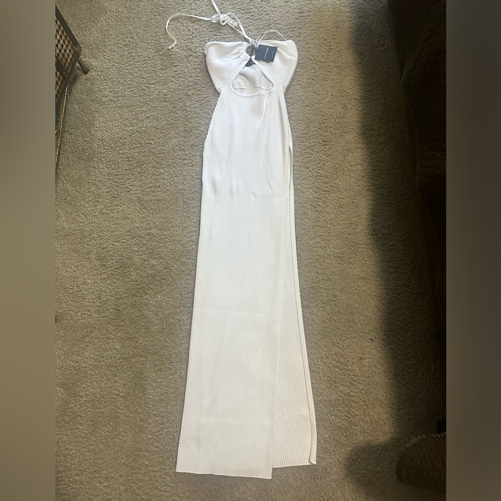 jluxlabel white long dress with slit and gold hardware size small with tags